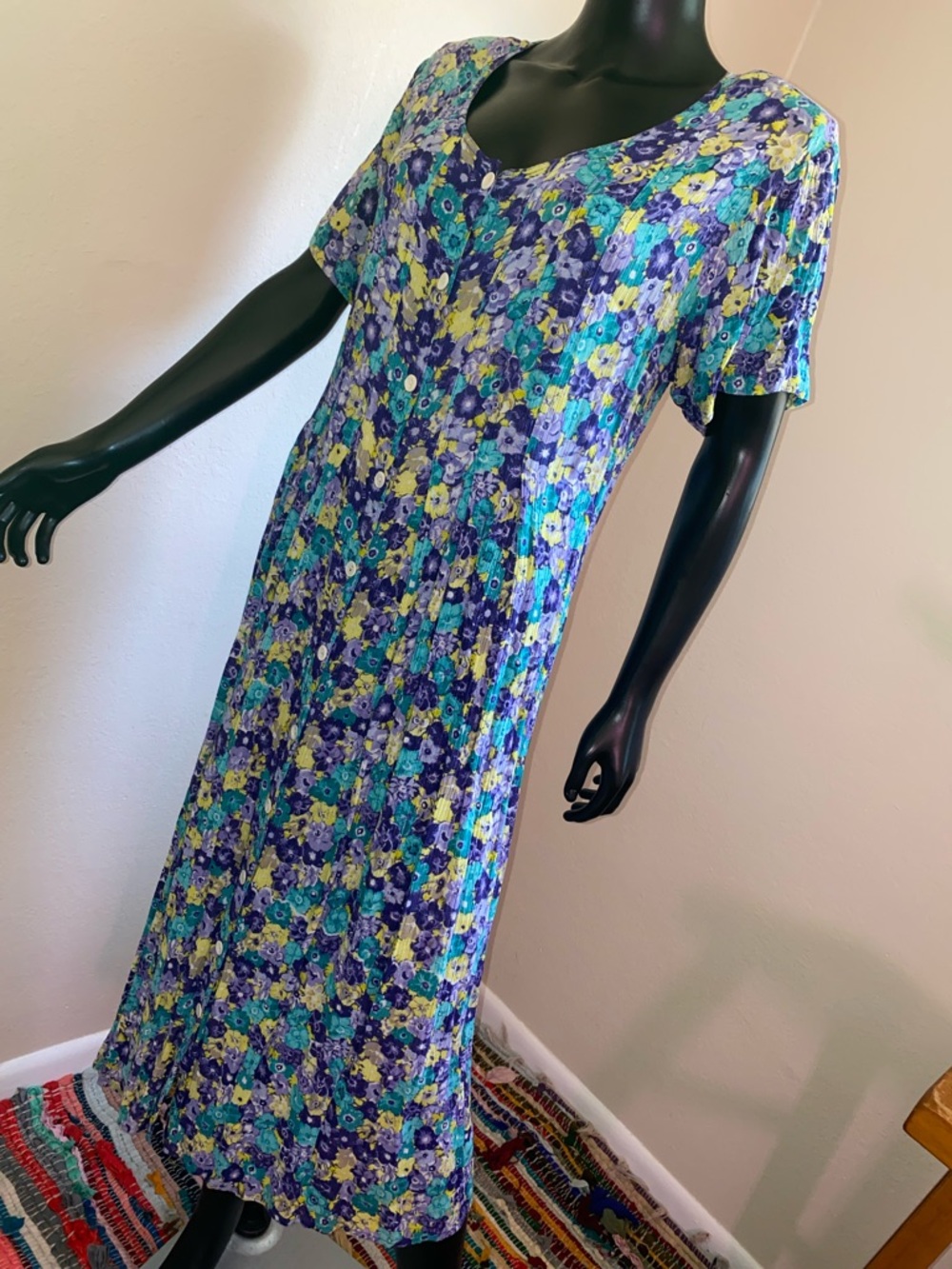 Vintage Floral Button-Front Midi Dress Tie Back Strings in Teal & Purple - Picture 3 of 11